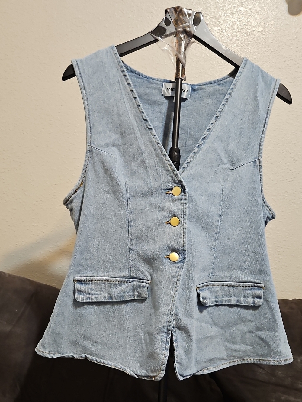 Vigoss Pale Blue Denim Button Vest with Gold-Tone Buttons